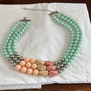 Chunky 3 Strand Multi-Color Silver Beaded Necklace